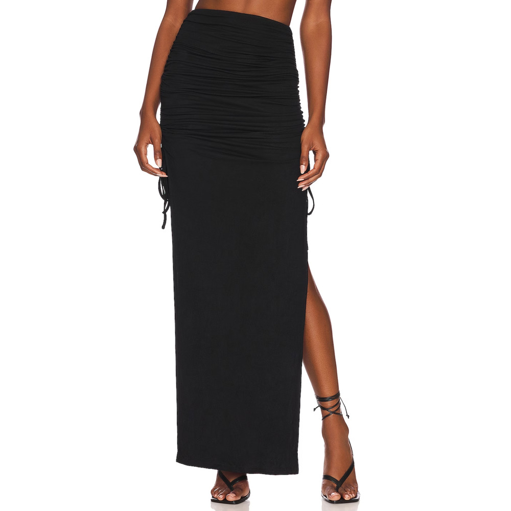 superdown Black Ruched Maxi Skirt with Side Slit